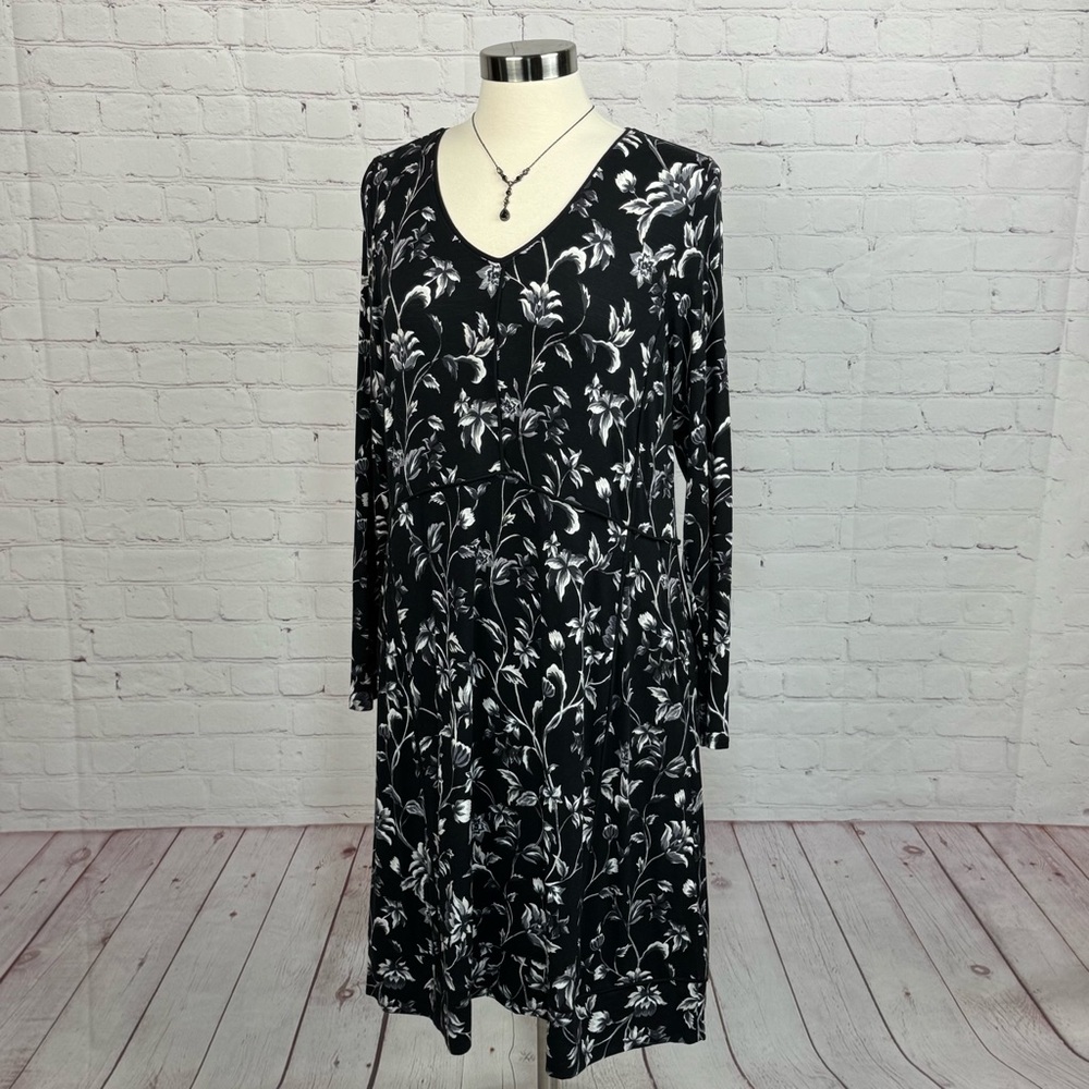 J. Jill Black & White Floral Midi Dress w/Pockets Long Sleeve Medium